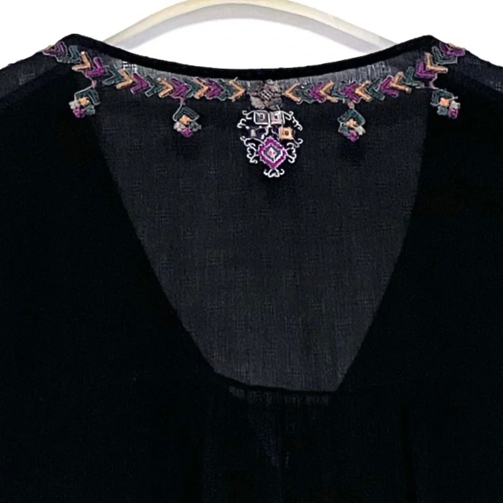 Free People Arianna Tunic Top Black Babydoll Embroidered Boho XS Gauzy Festival - Picture 9 of 16